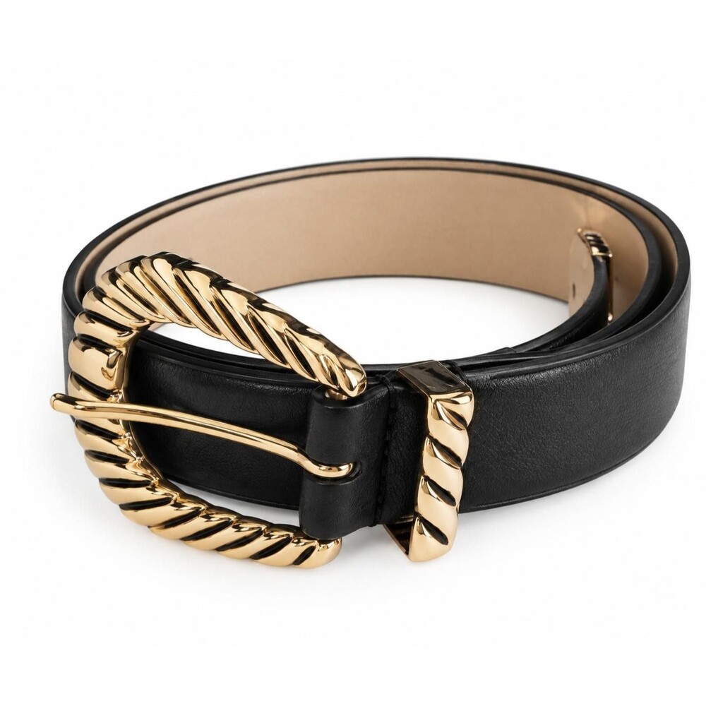Vince Camuto Women's Black Leather Belt Goldbt9ne Rope Buckle Tip Set Size 41'